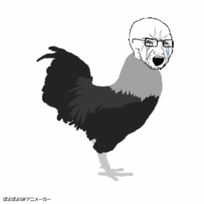 animal animated bird bloodshot_eyes chicken crying feather full_body glasses japanese_text leg open_mouth poyopoyo rooster soyjak stubble text urouro variant:soyak // 400x400 // 462.3KB