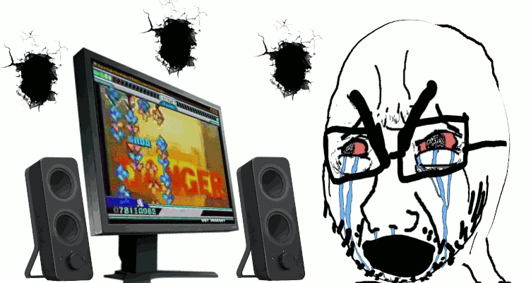 animated bloodshot_eyes computer crying dance_dance_revolution glasses hole open_mouth soyjak stubble text thick_eyebrows variant:cryboy_soyjak video_game wall // 752x401 // 500.1KB