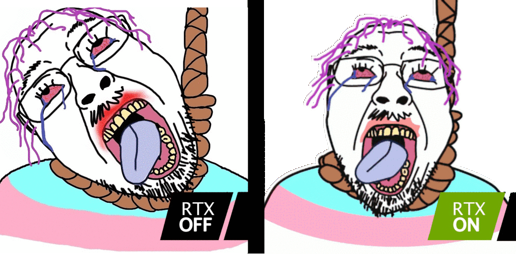 animated bloodshot_eyes clothes crying flag glasses gpu hanging meme mustache nvidia open_mouth purple_hair redraw rope rtx science soyjak spinning stubble suicide text tongue tranny variant:bernd yellow_teeth // 1036x510 // 2.9MB