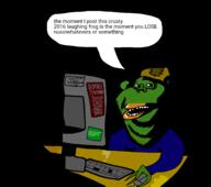 amerimutt arm black_background clothes computer eyebags frog green_skin open_mouth pepe shadow soyjak stubble subvariant:impish_amerimutt text variant:impish_soyak_ears // 1785x1583 // 98.0KB