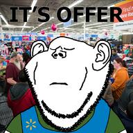 balloon blue_shirt closed_eyes closed_mouth clothes ear employee frown irl_background its_over logo market offer pun sign stubble supermarket text variant:impish_soyak_ears wagie walmart // 852x852 // 623.1KB
