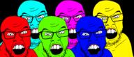 angry blue colorful glasses green multiple_soyjaks mustache open_mouth pink red soyjak stubble variant:feraljak yellow // 2926x1251 // 71.1KB