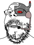 angry cyborg frown glasses grey_skin horn microphone mustache red_eyes robot soyjak stubble variant:gapejak // 600x800 // 38.3KB