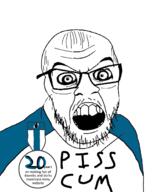 angry badge balding clothes cum glasses hair mustache old oldfag open_mouth piss somethingawful soyjak stubble tshirt variant:feraljak // 1400x1630 // 8.7MB