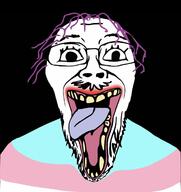 black_background distorted glasses happy lipstick mustache open_mouth purple_hair stretched_mouth stubble tranny variant:bernd // 1170x1239 // 102.4KB