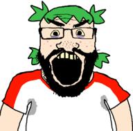 4chan acne angry anime beard clothes glasses green_hair hair open_mouth soyjak sweating tshirt variant:science_lover white_skin yellow_eyes yellow_teeth yotsoyba // 800x789 // 22.1KB