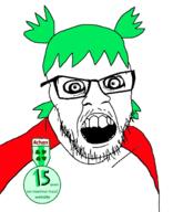 4chan angry anime badge clothes glasses green_hair hair mustache oldfag open_mouth soyjak stubble variant:feraljak yotsoyba // 1400x1630 // 687.0KB