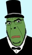 bowtie closed_mouth clothes frog frown glasses green_skin hat pepe soyjak stubble top_hat tuxedo variant:cobson // 769x1312 // 62.7KB