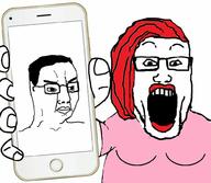 2soyjaks arm breasts clothes female glasses hair hand holding_object holding_phone iphone medium_breasts open_mouth phone pink_shirt red_hair red_lips soyjak subvariant:phoneplier subvariant:phoneplier_vertical tshirt variant:chudjak variant:markiplier_soyjak // 1000x872 // 90.3KB