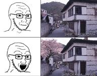 arm concerned frown glasses hand hands_up japan north_macedonia open_mouth sakura_tree soyjak soyjak_comic stubble text thing_japanese variant:soyak // 1080x850 // 871.2KB