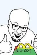ear glasses hand happy_meal mcdonalds open_mouth soyjak stubble text thumbs_up variant:unknown // 640x941 // 42.3KB