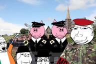 animal closed_mouth clothes ear frown full_body glasses hat ireland irl_background military_beret missing_teeth monocle multiple_soyjaks necktie open_mouth pig rock soyjak stubble subvariant:massjak subvariant:wholesome_soyjak uniform variant:gapejak variant:markiplier_soyjak variant:soyak // 1846x1227 // 1.5MB