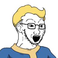 clothes ear fallout glasses hair open_mouth sci-fi soyjak stubble variant:soyak vault_boy video_game yellow_hair // 600x600 // 117.2KB