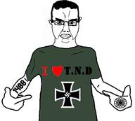 1488 amr angry arm black_sun closed_mouth clothes ear glasses hair hand heart i_love merge nazism pointing soyjak subvariant:chudjak_front swastika text total_nigger_death variant:chudjak variant:shirtjak // 618x558 // 80.4KB