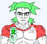 4chan anime clothes glasses green_eyes green_hair hair muscles oldfag subvariant:chudjak_front subvariant:muscular_chud tshirt variant:chudjak vein yotsoyba // 1059x999 // 51.4KB