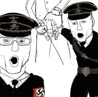 2soyjaks arm blue_eyes circumcised clothes germany hand judaism military nazism necktie open_mouth penis pointing soyjak suit swastika variant:two_pointing_soyjaks world_war_2 // 2000x1986 // 712.1KB