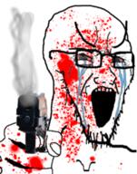 angry blood bloodshot_eyes crying firearm glasses gun hand holding_gun holding_object holding_pistol open_mouth pistol soyjak stretched_mouth stubble variant:soyak weapon // 200x255 // 69.6KB
