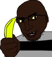 arm banana black_skin devious evil glasses hand holding_object nigger open_mouth smug soyjak striped_clothing stubble thumbs_up variant:thumbjak // 454x497 // 14.7KB