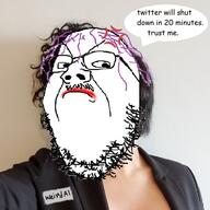 anger_mark angry closed_mouth frown glasses hair irl_background mustache purple_hair soyjak speech_bubble stubble text tranny twitter variant:gapejak // 600x600 // 122.8KB