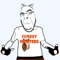 arm cat_ear closed_mouth clothes femboy glasses glove hand hooters restaurant soyjak stubble text tshirt uwu variant:cobson variant:shirtjak // 1000x1000 // 103.9KB
