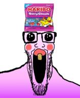 clothes flavorjak glasses gradient haribo hat oh_my_god_she_is_so_attractive one_tooth open_mouth pink_skin purple_skin sour soyjak stretched_mouth stubble variant:markiplier_soyjak yellow_teeth // 900x1100 // 375.9KB