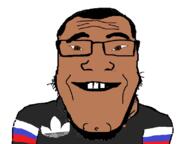 adidas angry brown_eyes brown_skin clothes country flag hair open_mouth russia smile soyjak subvariant:science_lover variant:markiplier_soyjak // 800x600 // 55.6KB