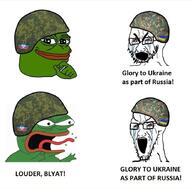 2soyjaks camouflage crying frog glasses helmet open_mouth pepe russia russo_ukrainian_war soyjak stretched_mouth stubble text ukraine variant:cryboy_soyjak variant:soyak // 882x867 // 286.3KB