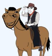 2soyjaks animal closed_mouth clothes cowboy cowboy_hat ear full_body glasses hair hat horse large_nose leather smile soyjak stubble variant:chudjak variant:impish_soyak_ears vest // 1468x1579 // 144.9KB