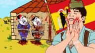 2soyjaks artillery blood bloodshot_eyes clothes communism cross crying drawing drawn_background full_body glasses hammer_and_sickle hand hat house open_mouth rope soyjak spain spanish_civil_war stubble tongue variant:bernd yellow_teeth // 912x509 // 401.6KB