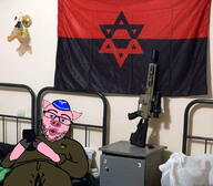 anarchism animal arm clothes country ear flag glasses hat holding_object irl judaism kippah open_mouth phone pig pink_skin snout soyjak star_of_david stubble ukraine variant:nojak // 800x701 // 156.6KB