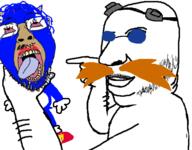2soyjaks arm bloodshot_eyes closed_mouth crying eggman glasses hand holding_object mustache open_mouth pointing round_glasses sega sonic_(series) sonic_the_hedgehog soyjak stubble tongue variant:bernd variant:holdjak yellow_teeth // 592x461 // 100.9KB