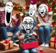 christmas christmas_tree clothes coal couch crying dr_pepper ear finger full_body glasses hand hat irl irl_background jeans laughing middle_finger multiple_soyjaks open_mouth ornament present rug santa_hat sock soyjak stubble subvariant:rand sweater tear teeth variant:cobson variant:gapejak variant:impish_soyak_ears variant:rupturejak // 1080x1015 // 1.5MB