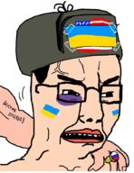 buff clothes cyrillic_text face_paint flag frown glasses hair hand hat holding_object ring russia russo_ukrainian_war soyjak star tape ukraine united_states variant:chudjak vein white_skin // 689x896 // 495.9KB