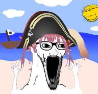 2soyjaks arm beach boat clothes glasses hand hands_up hat hololive marine_houshou open_mouth pink_hair pirate smile soyjak stubble sun variant:wewjak variant:wholesome_soyjak vtuber yellow_skin // 859x822 // 192.4KB