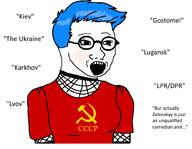 blue_hair clothes communism glasses hair kiev open_mouth soviet_union soyjak text tshirt ukraine variant:soyak // 1000x778 // 145.0KB