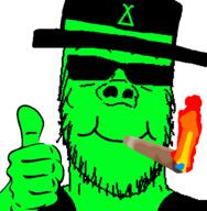 chood cigar cigarette closed_mouth clothes glasses glowing green_skin hand hat smile soyjak stubble sunglasses thumbs_up top_hat variant:a24_slowburn_soyjak // 450x459 // 20.9KB
