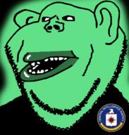 amerimutt animal bald_eagle central_intelligence_agency clothes eagle ear glowie glowing green_skin logo looking_to_the_left open_mouth soyjak stubble teeth variant:impish_soyak_ears // 598x628 // 75.5KB