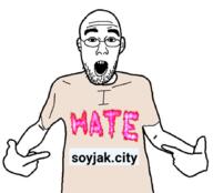 arm clothes ear glasses hand i_hate open_mouth pointing soyjak soyjak_city stubble text tshirt variant:shirtjak // 884x800 // 245.5KB