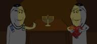 2soyjaks candle clothes drawn_background glasses hanukkah happy hat heart israel judaism kippah necklace scarf smile soyjak star_of_david stubble subvariant:wholesome_soyjak table thumbs_up variant:gapejak // 1100x500 // 101.4KB