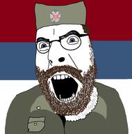beard blue_eyes brown_hair chetniks clothes draza_mihailovic flag glasses hat open_mouth round_glasses serbia soyjak variant:cobson // 962x971 // 59.5KB
