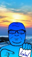beach blue blue_skin calm closed_eyes closed_mouth glasses hand happy holding_object irl_background pointing sea sign smile soyjak stubble sunset variant:seriousjak // 454x800 // 335.2KB