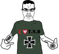 1488 angry arm black_sun chud closed_mouth clothes ear glasses hair hand heart i_love iron_cross merge nazism pointing subvariant:chudjak_front total_nigger_death tranny trans trans_flag tshirt variant:chudjak variant:shirtjak // 618x559 // 45.1KB