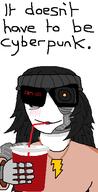 beanie blush clothes cyberpunk drinking drinking_straw female glasses hair hat holding_object necklace robot shazam smile soyjak sunglasses text variant:soytan // 274x537 // 14.0KB