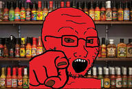 bottle brown_eyes food glasses hand hot_sauce irl_background open_mouth pointing red_skin soyjak stubble variant:classic_soyjak // 2100x1424 // 754.5KB