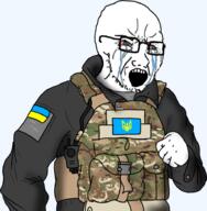 arm azov_battalion badge bloodshot_eyes clothes country crying fist flag glasses hand military open_mouth russo_ukrainian_war soyjak stubble ukraine variant:classic_soyjak // 908x926 // 576.1KB