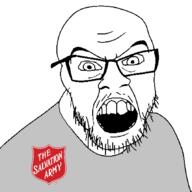 angry charity clothes glasses open_mouth soyjak stubble the_salvation_army tshirt variant:feraljak // 1288x1291 // 37.8KB