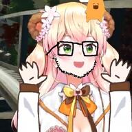anime arms_up cleavage clothes fang glasses green_eyes hair_ornament hololive jacket momosuzu_nene necktie nekko open_mouth stubble subvariant:wewjak variant:soyak vtuber yellow_hair // 512x512 // 88.5KB