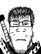 anime berserk closed_eyes closed_mouth clothes glasses guts_(berserk) hair manga soyjak stubble sword variant:markiplier_soyjak // 600x800 // 156.1KB