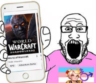 activision_blizzard arm flag glasses hand holding_object holding_phone iphone open_mouth phone pink_shirt soyjak stubble subvariant:phoneplier subvariant:phoneplier_vertical tagme_streamer_name tranny twitch variant:markiplier_soyjak world_of_warcraft // 1038x900 // 175.8KB