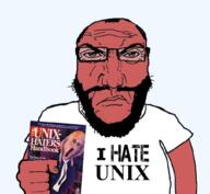 angry balding beard clothes eyebrows frown glasses hair i_hate red_skin subvariant:science_lover technology text the_unix-haters_handbook unix variant:markiplier_soyjak white_shirt // 1017x935 // 514.9KB
